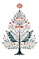 Decorative folk art Christmas tree with red flowers, hearts, and green leaves on white background, stylized botanical holiday design for cards and seasonal decor.