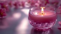 Glowing pink aromatherapy candle in crystal glass holder with soft cherry blossom petals creating peaceful spa atmosphere for meditation and relaxation.