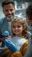 Smiling young patient with curly hair at dental checkup while friendly dentist and assistant provide care in modern clinic. Positive healthcare experience.