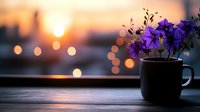 Purple wildflowers in black mug against sunset window view with bokeh lights creating cozy atmospheric evening mood for home interior decoration.