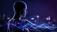 Artificial intelligence humanoid profile with glowing neural network waves and digital data visualization against blurred cityscape background for tech innovation concepts.