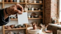 Mature male artisan with weathered hands holding blank white card in pottery studio workshop with clay supplies and shelving in background.