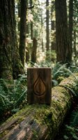 Rustic wooden plaque with carved water drop symbol resting on a moss-covered log in a lush green forest, evoking nature and sustainability.