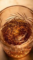 Golden whiskey swirling in crystal glass with bubbles and warm amber lighting creating luxury drinking experience for bar and restaurant concepts.
