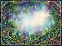 Enchanted forest landscape with ornate golden frame, mystical moonlit sky, glowing aurora lights, and lush vegetation for fantasy artwork and magical designs.