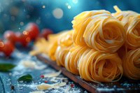 Raw tagliatelle pasta nests on dark background with flour dust, cherry tomatoes and herbs, selective focus with soft bokeh lights for food photography.