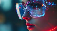 Futuristic close up of woman wearing high-tech glasses with digital reflections, red lips and neon lighting creating cyberpunk atmosphere. Modern technology concept.