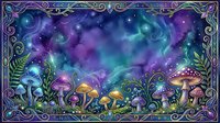 Mystical forest floor with glowing mushrooms beneath swirling cosmic nebula sky in purple, blue and green tones, ornate decorative border frame, fantasy woodland scene for design projects.