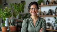 Young Asian woman with glasses and olive green shirt smiling warmly in home office setting with houseplants and wooden shelves, representing remote work lifestyle.