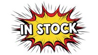 Comic book style burst explosion with IN STOCK text in bold letters. Colorful pop art design with yellow center and red flames on white background.
