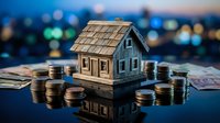 Miniature wooden house model surrounded by stacks of coins on reflective surface with blurred city lights background representing real estate investment concept.