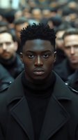 Young African American man in black turtleneck and coat standing out from crowd behind him, dramatic portrait with intense gaze and confident expression.