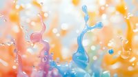 Colorful liquid drops and splashes in orange and blue tones creating abstract dynamic composition with bokeh effect and floating bubbles. Macro photography style.