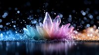 Magical crystal lotus flower glowing with rainbow colors on reflective surface with sparkling bokeh lights and water droplets creating mystical atmosphere.
