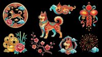 Festive Chinese New Year dog clipart set isolated on transparent background, ready for T-shirts, stickers, sublimation, and print on demand designs.