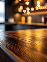 Empty wooden bar counter with warm bokeh lights in background, selective focus on textured wood surface creates cozy restaurant atmosphere for food service industry.