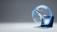Rocket launching from laptop screen through transparent sphere against gray background for technology and innovation concepts.