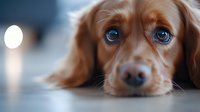 Close-up portrait of longhaired Dachshund with soulful blue eyes lying down, head resting on floor. Soft bokeh background creates dreamy pet photography mood.