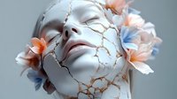 Cracked porcelain mask with delicate flowers emerging from fractures, symbolizing resilience and beauty through brokenness for mental health concepts.