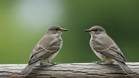 Two small brown songbirds perched on wooden branch against soft green background. Wildlife photography showcasing natural bird behavior and habitat.