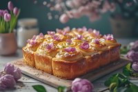 Golden upside-down cake with caramelized fruit and rose petals on rustic wooden board surrounded by purple tulips for spring baking and dessert recipes.