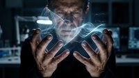 Businessman manipulating holographic data visualization with glowing digital waves and network connections in futuristic technology interface concept.