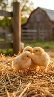 Three fluffy yellow chicks standing together on straw bedding in a farmyard setting with a wooden fence and barn in the background, suitable for agriculture and poultry farming content.