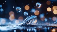 Water drop splash creating crown shape with floating spherical droplets against dark blue background with golden bokeh lights. Macro photography of liquid dynamics.