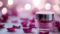 Luxurious pink glitter cosmetic jar with rose petals on blurred bokeh background, elegant beauty product photography for spa and skincare marketing.