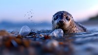 Curious seal pup peering above water surface at sunset, with ice chunks floating nearby and birds flying in blurred background, creating atmospheric nature scene.