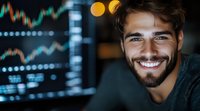 Young bearded Caucasian male trader smiling while analyzing financial market data on multiple screens in dark office environment with bokeh lights in background.