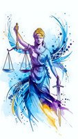 Lady Justice with blindfold holding scales and sword in vibrant blue purple watercolor splash design for legal services branding and court presentations.