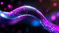 Glowing purple and blue particle wave with sparkling lights on dark background. Digital energy flow with bokeh effects for technology and futuristic designs.