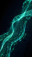Glowing turquoise digital wave made of particles flowing across dark background, representing data stream, technology, innovation, and futuristic connectivity for tech and business applications.
