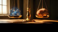 Balance scales weighing virus molecule against human brain representing medical research ethics and scientific decision making in healthcare.