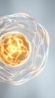 Golden energy sphere surrounded by flowing transparent ribbons with warm light effects for science and technology concepts.