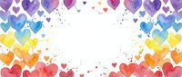 Watercolor rainbow hearts border frame with paint splatters on white background for Valentine's Day, wedding invitations, romantic greeting cards and love designs.