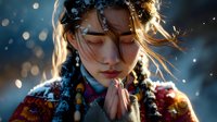 Young Asian woman with closed eyes praying in winter, wearing traditional colorful clothing with snow falling around her in mystical light.