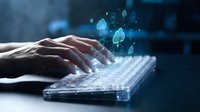Hands typing on futuristic keyboard with glowing digital security icons and network symbols floating above in dark tech environment for cybersecurity concepts.
