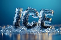 Frozen word ICE made of real ice with frost texture and crystals on blue background with bokeh lights, creative winter season lettering concept.