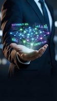 Businessman holding holographic sustainability dashboard with energy flow data visualization and network connections for green technology presentations.