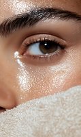 Close-up of brown eye with glitter makeup and shimmering skin effect, showing detailed eyelashes and eyebrow against soft-focus background for beauty and cosmetic advertising.