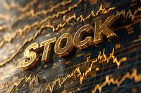 Golden metallic stock text against background of financial market charts and graphs showing price movements and trading data for investment concept.