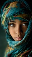 Young Middle Eastern woman wearing colorful traditional headscarf with teal and gold patterns, close-up portrait with intense gaze and natural lighting.