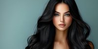 Young woman with flowing dark hair and natural makeup against teal background, professional beauty portrait showcasing healthy shiny hair and flawless complexion.