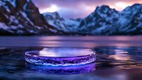 Crystal clear ice podium platform floating on serene mountain lake at twilight with purple sky reflections for luxury product display and branding.