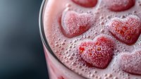 Pink strawberry milkshake with heart shaped ice cubes floating on top, close up view showing creamy texture and frothy bubbles against dark background.