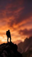 Silhouette of male hiker standing on rocky mountain peak at sunset with dramatic orange and purple sky, conveying adventure, achievement, and exploration for travel and motivational content.