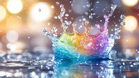 Colorful water crown splash with rainbow gradient effect on blurred bokeh background, frozen motion capture showing liquid dynamics and light refraction.