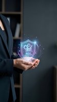 Businessman holding glowing digital shield with risk management icons and protective security symbols in modern office environment for business protection concepts.